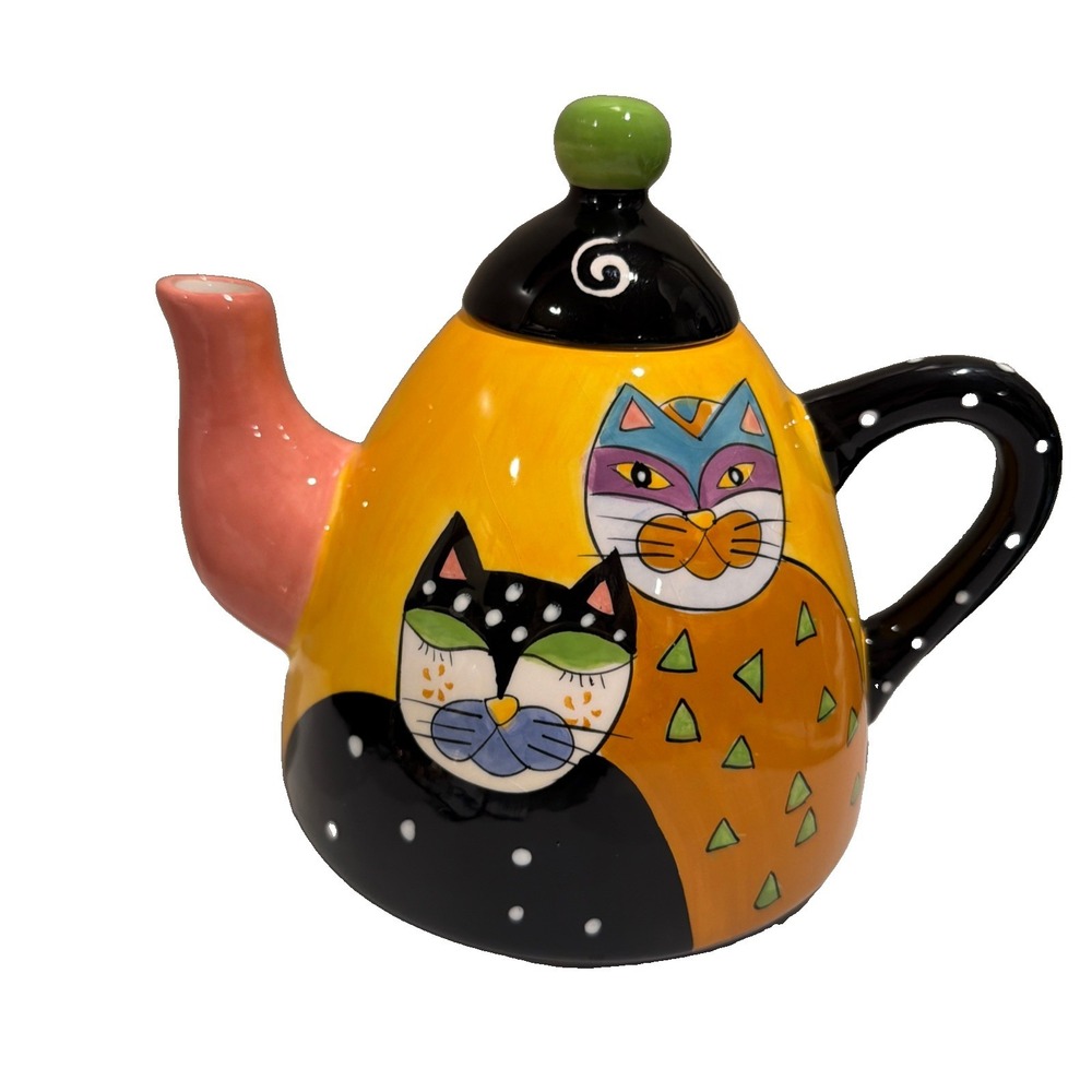 Vtg Milson & Louis Hand painted Ceramic Whimsical Cat Teapot Colorful Folksy